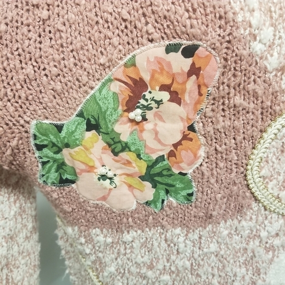 Vintage Chunky Knit Pink White Floral Applique Cottagecore Granny Sweater Md - Picture 4 of 7
